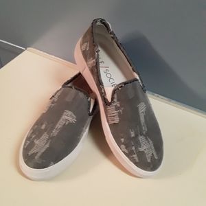 Sole Society Gray Distressed Slip-On Flats with White Soles